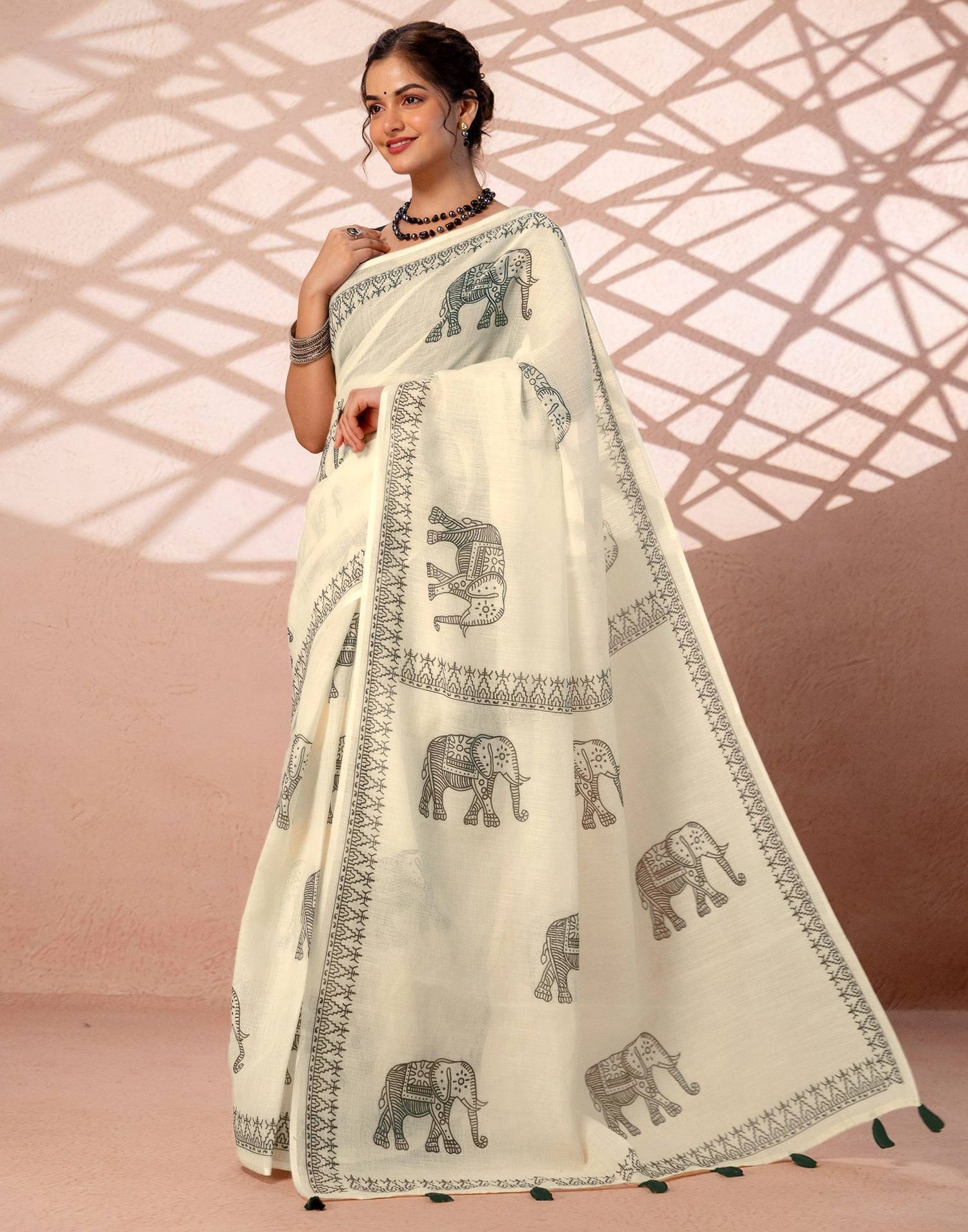 Off White Linen Printed Saree