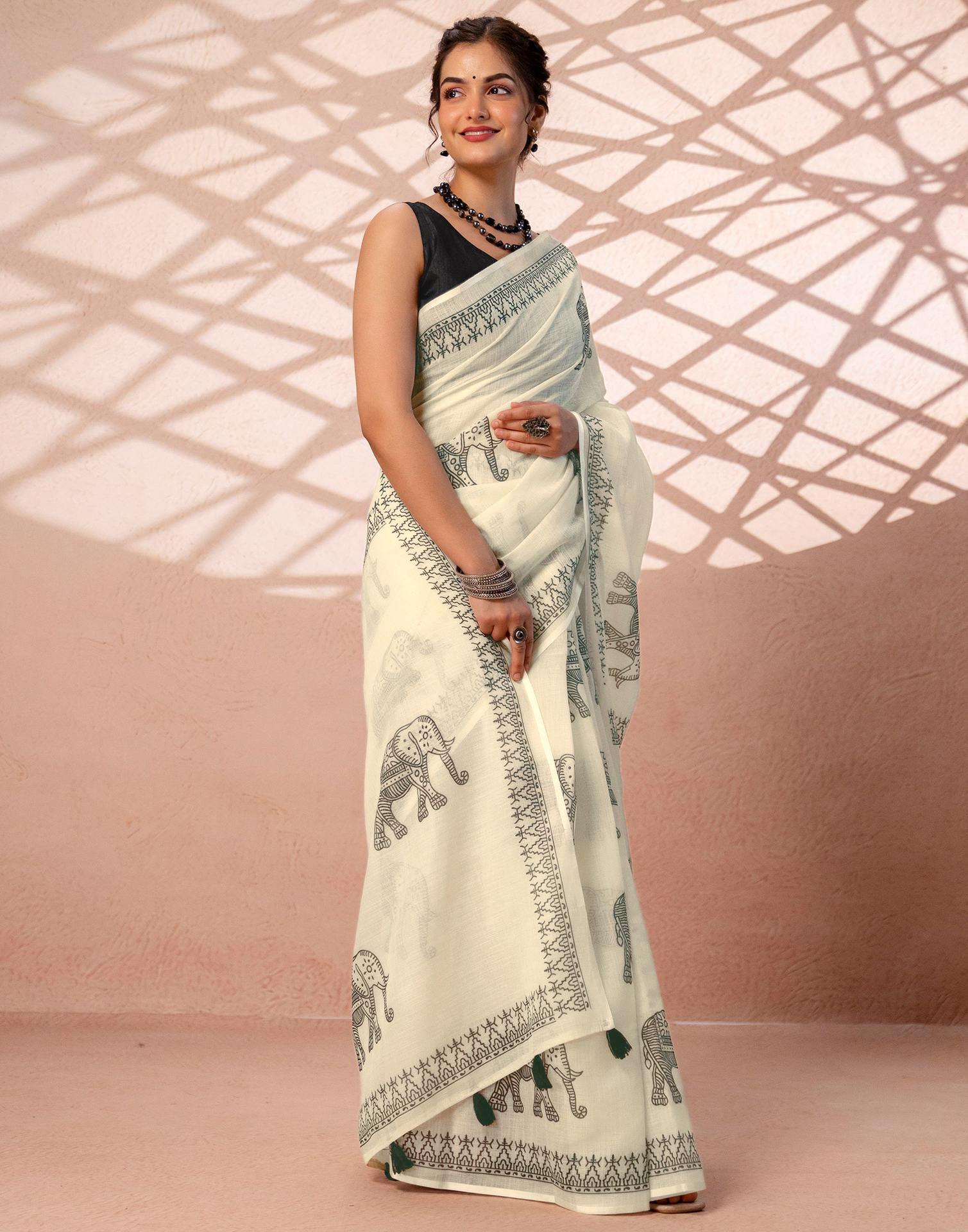 Off White Linen Printed Saree