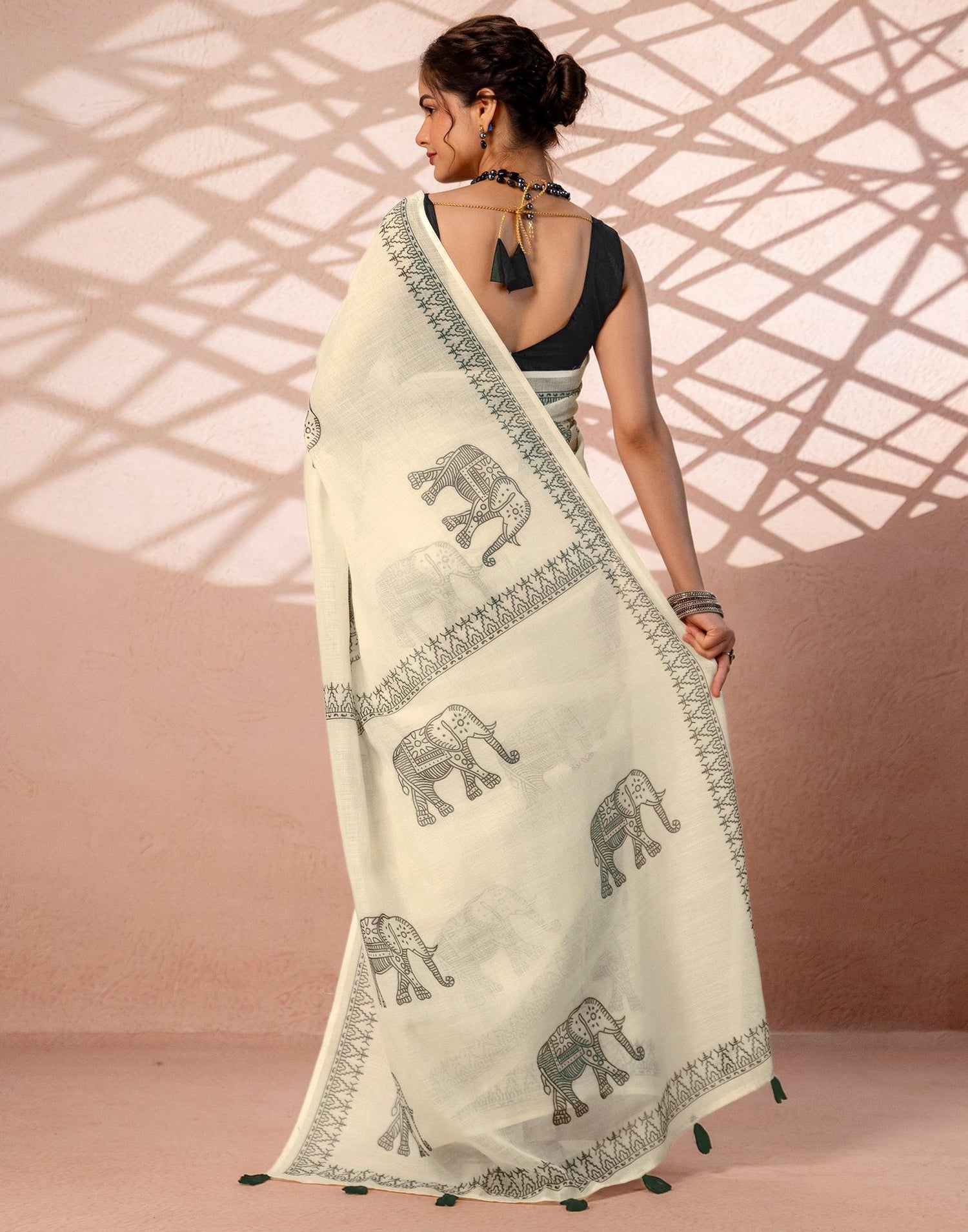 Off White Linen Printed Saree