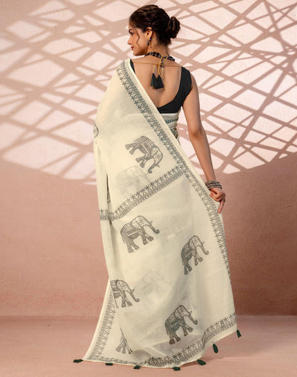 Off White Linen Printed Saree