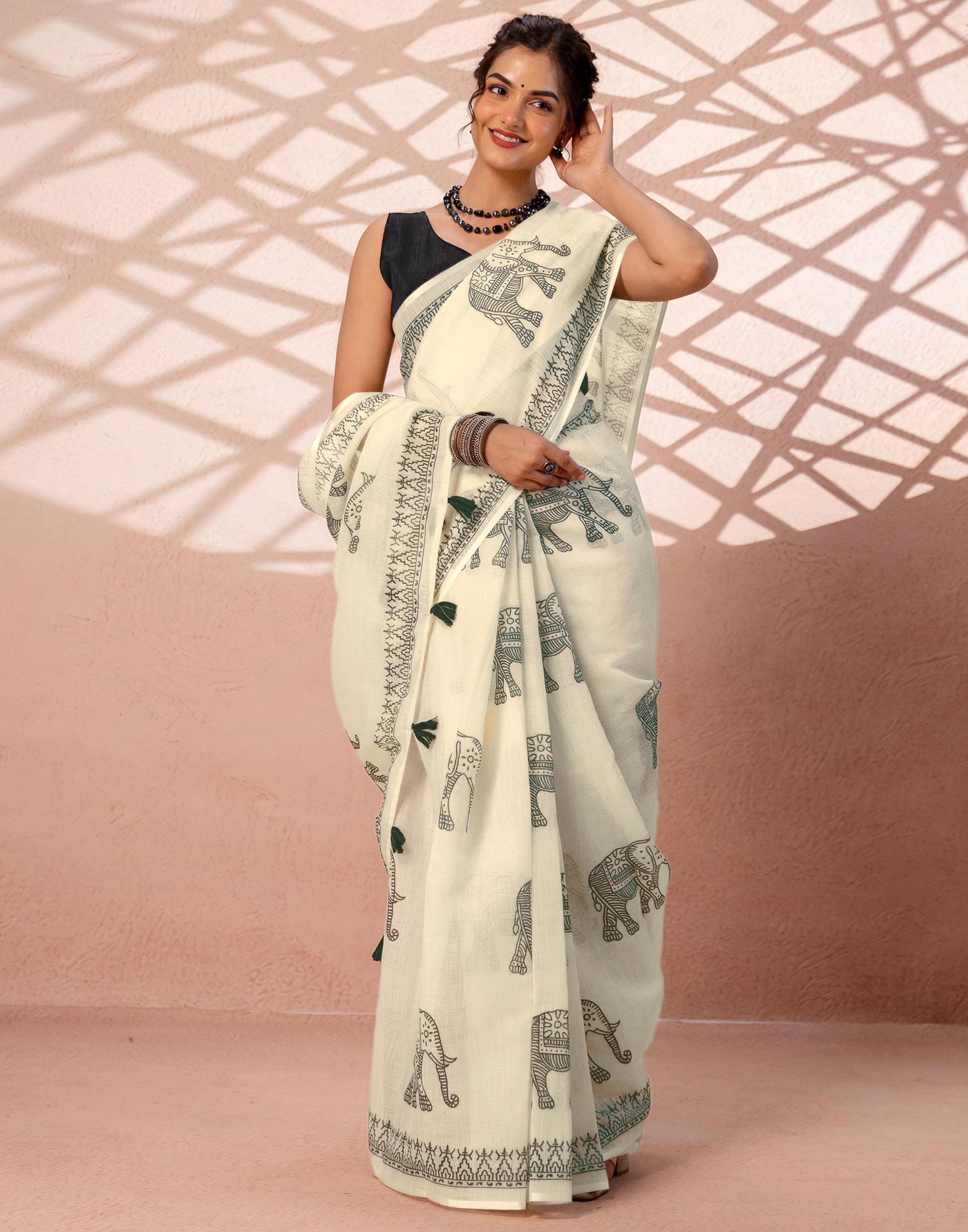 Off White Linen Printed Saree