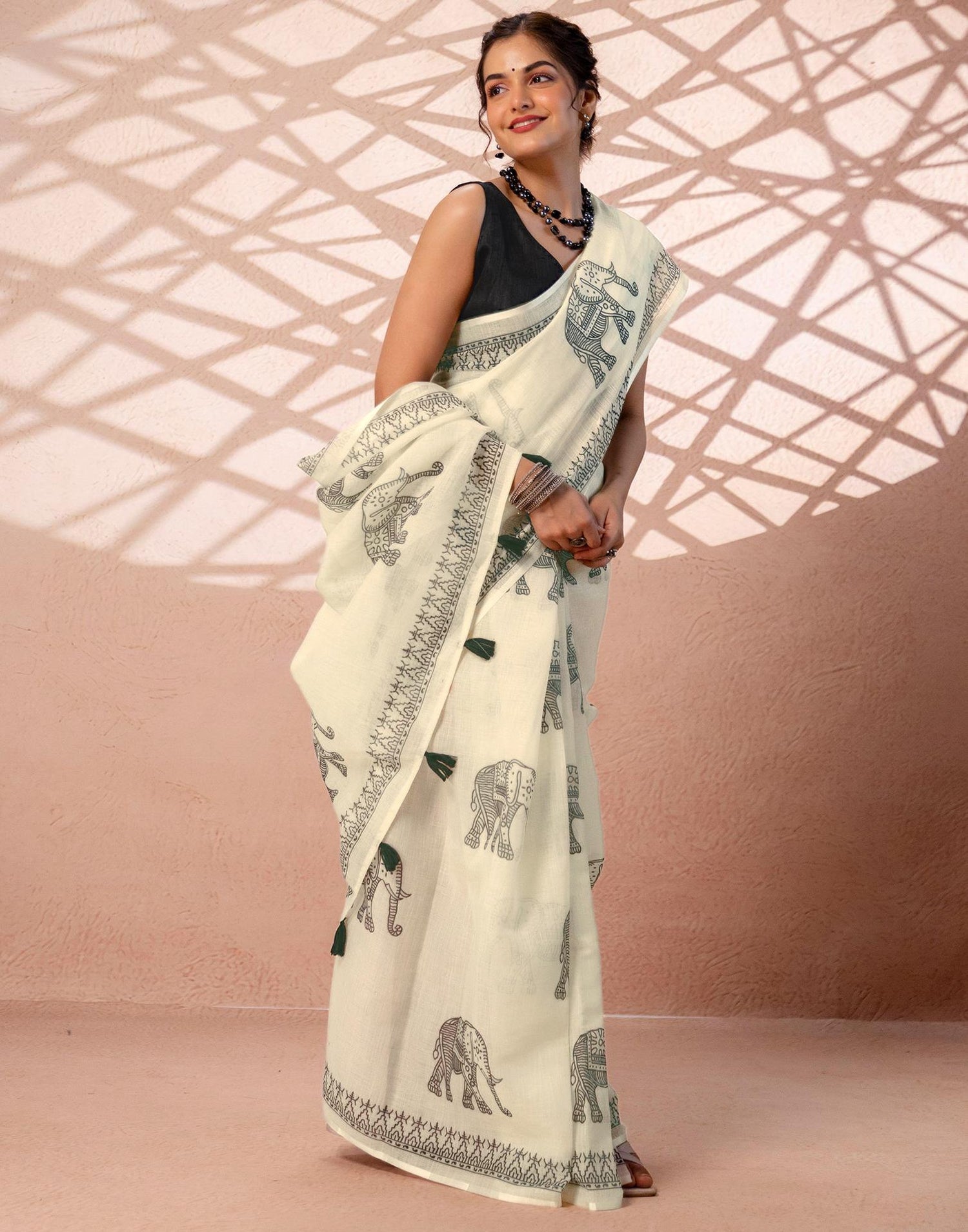 Off White Linen Printed Saree