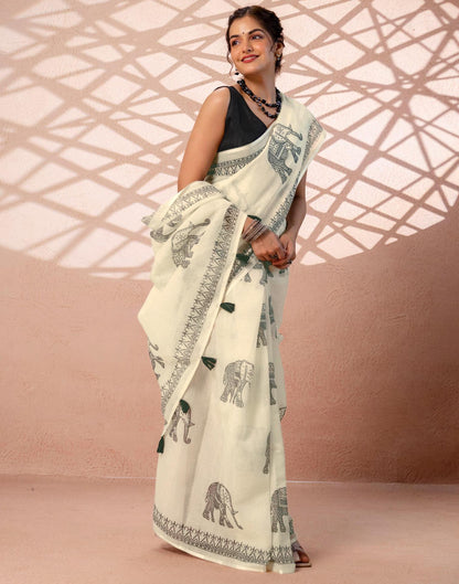 Off White Linen Printed Saree