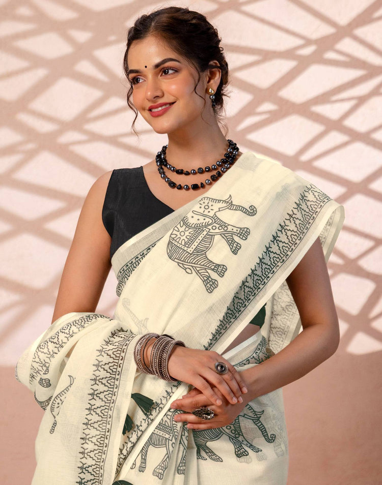 Off White Linen Printed Saree