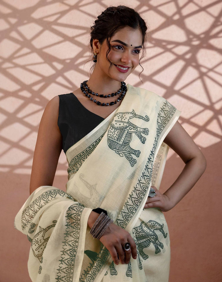 Off White Linen Printed Saree