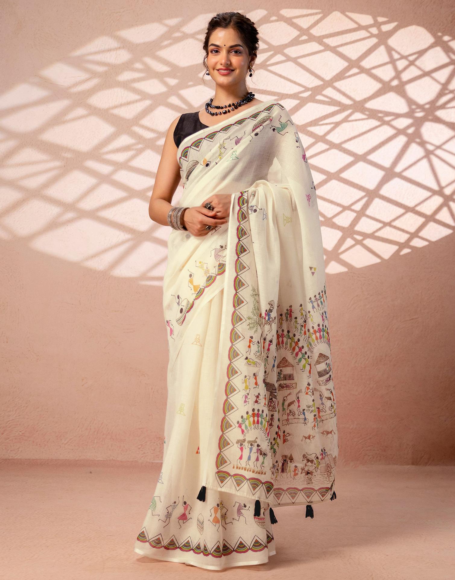 Beige Linen Warli Printed Saree