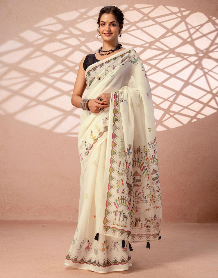 Beige Linen Warli Printed Saree