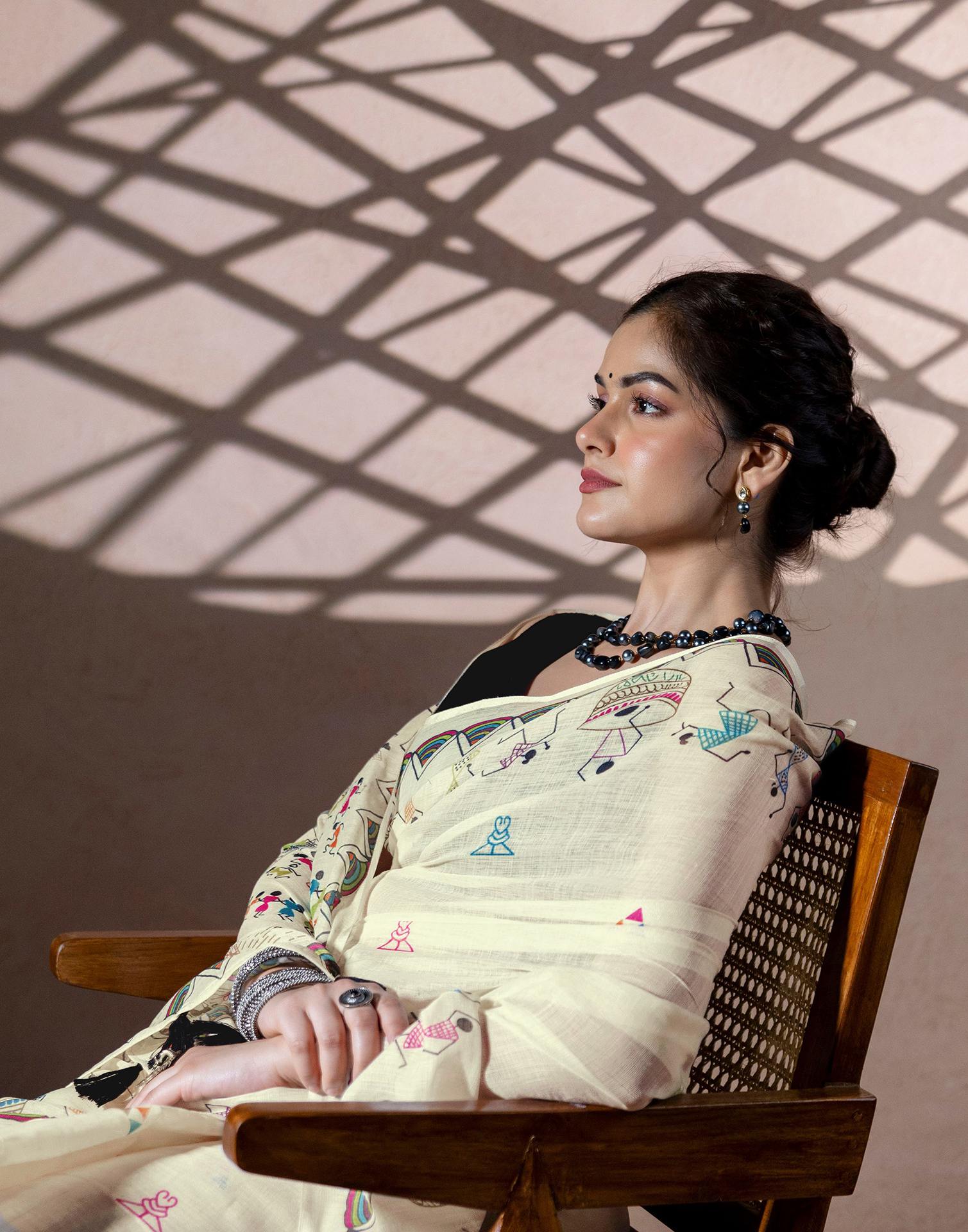 Beige Linen Warli Printed Saree