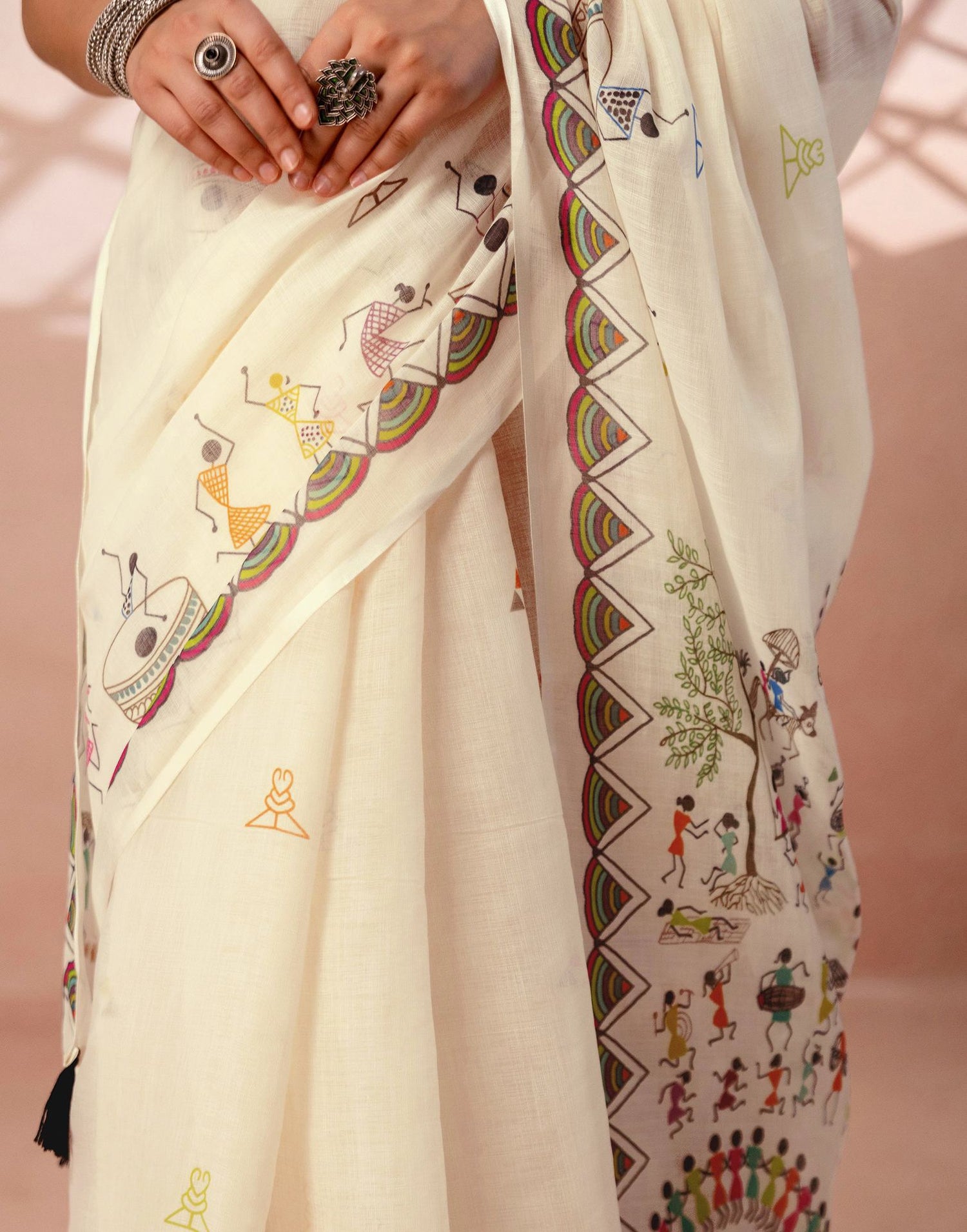 Beige Linen Warli Printed Saree