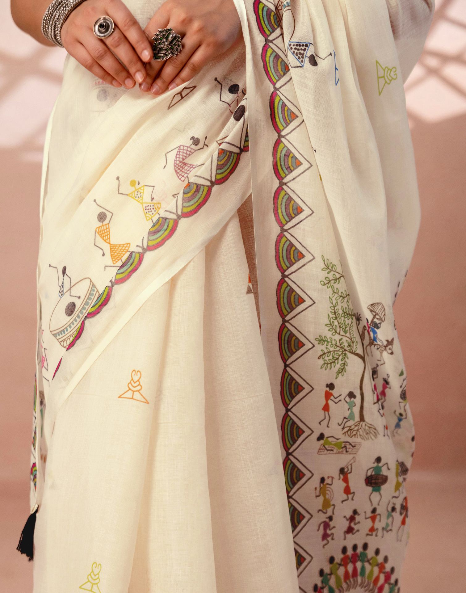 Beige Linen Warli Printed Saree