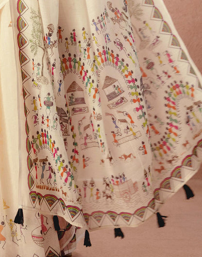 Beige Linen Warli Printed Saree