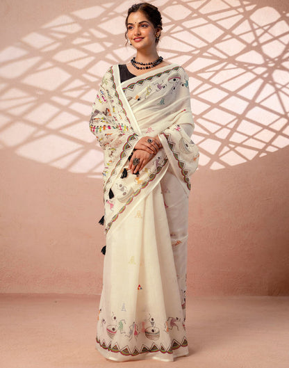Beige Linen Warli Printed Saree