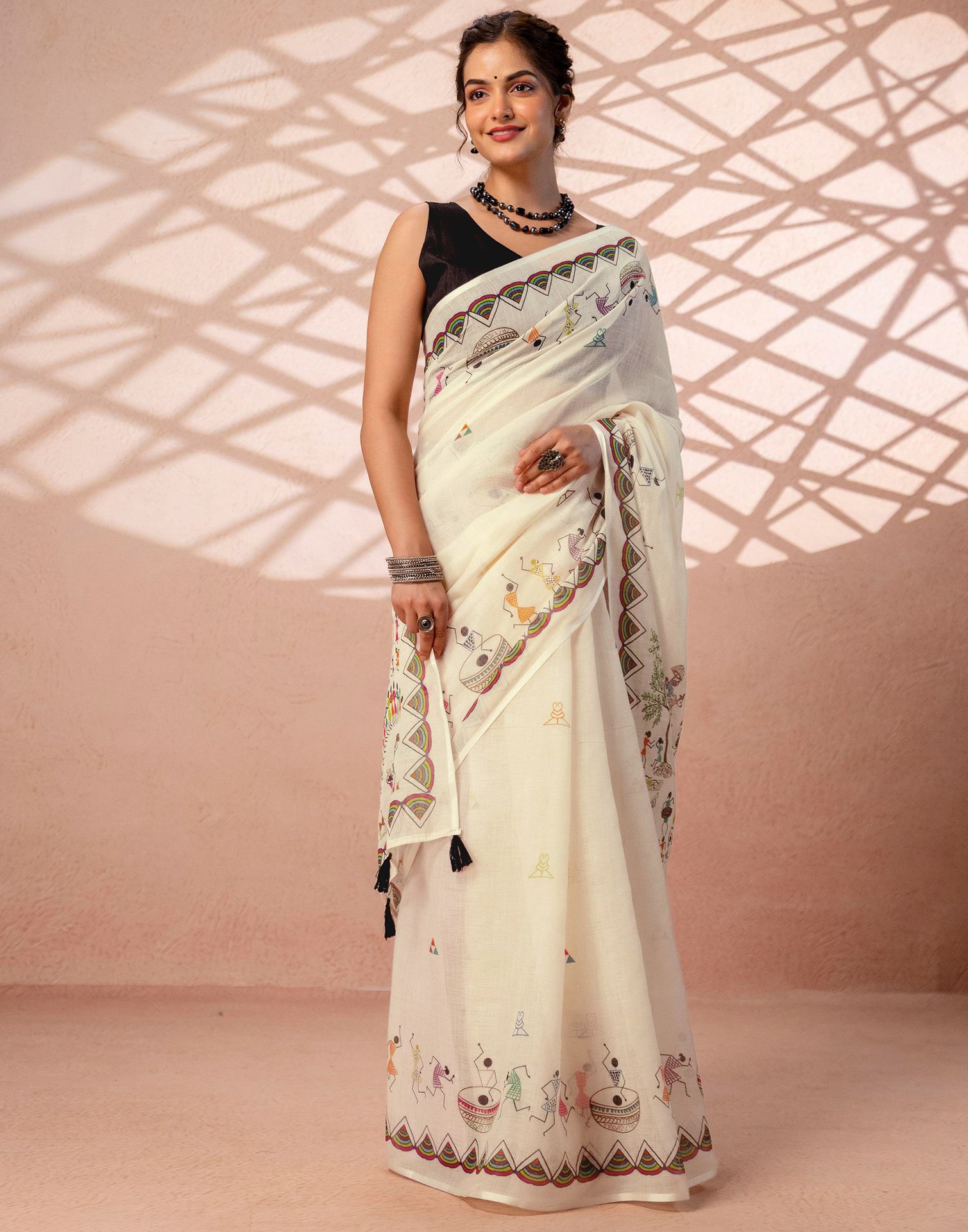 Beige Linen Warli Printed Saree