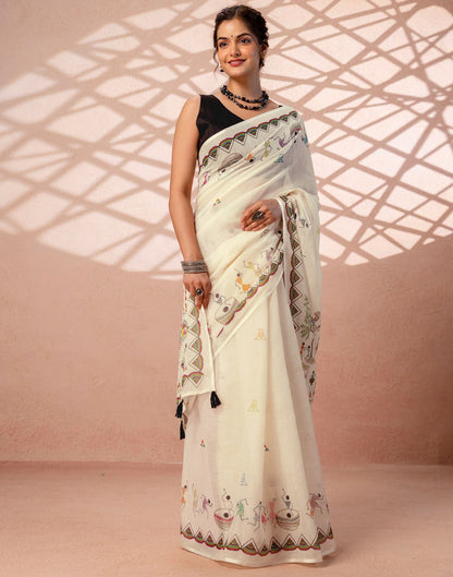 Beige Linen Warli Printed Saree