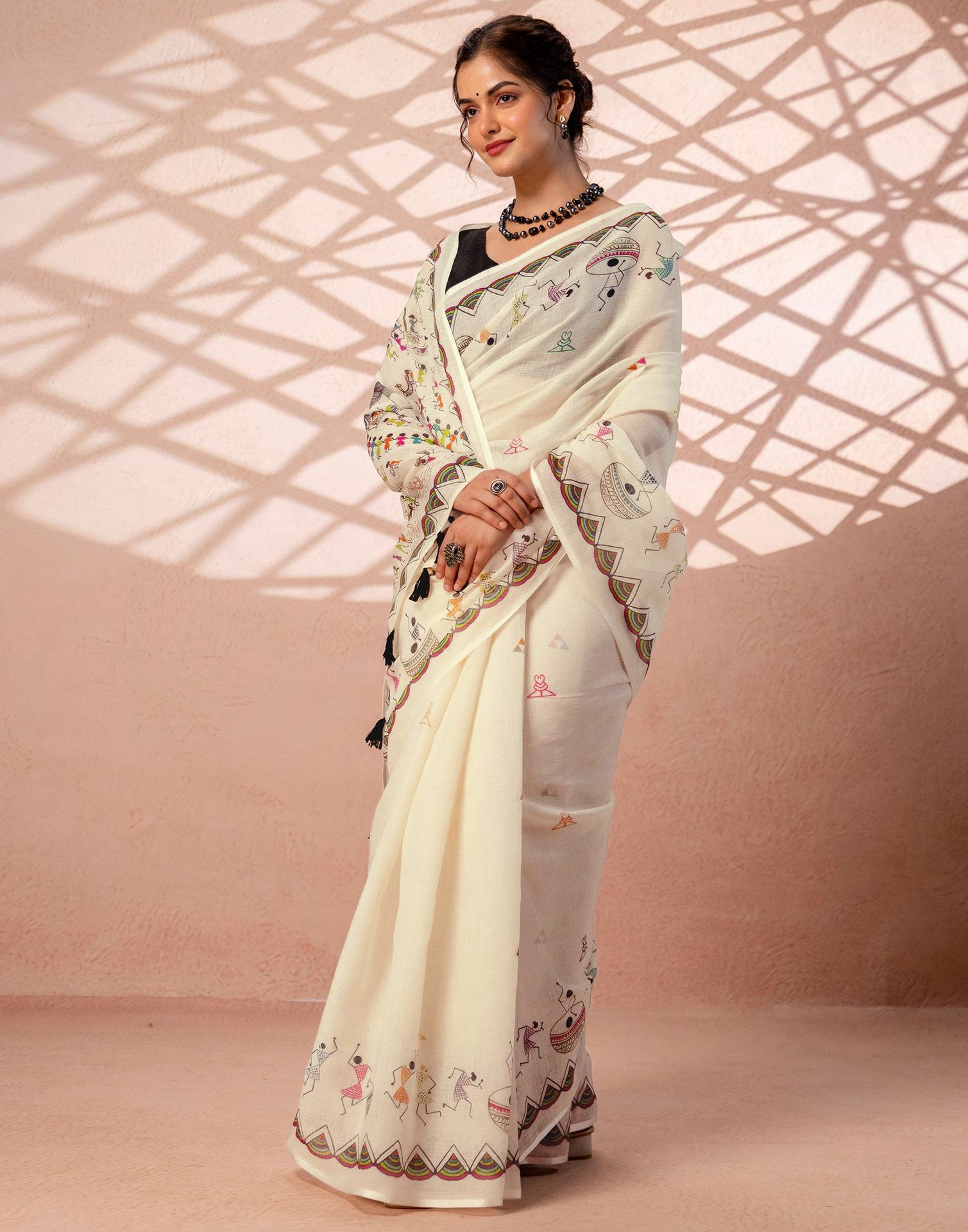 Beige Linen Warli Printed Saree