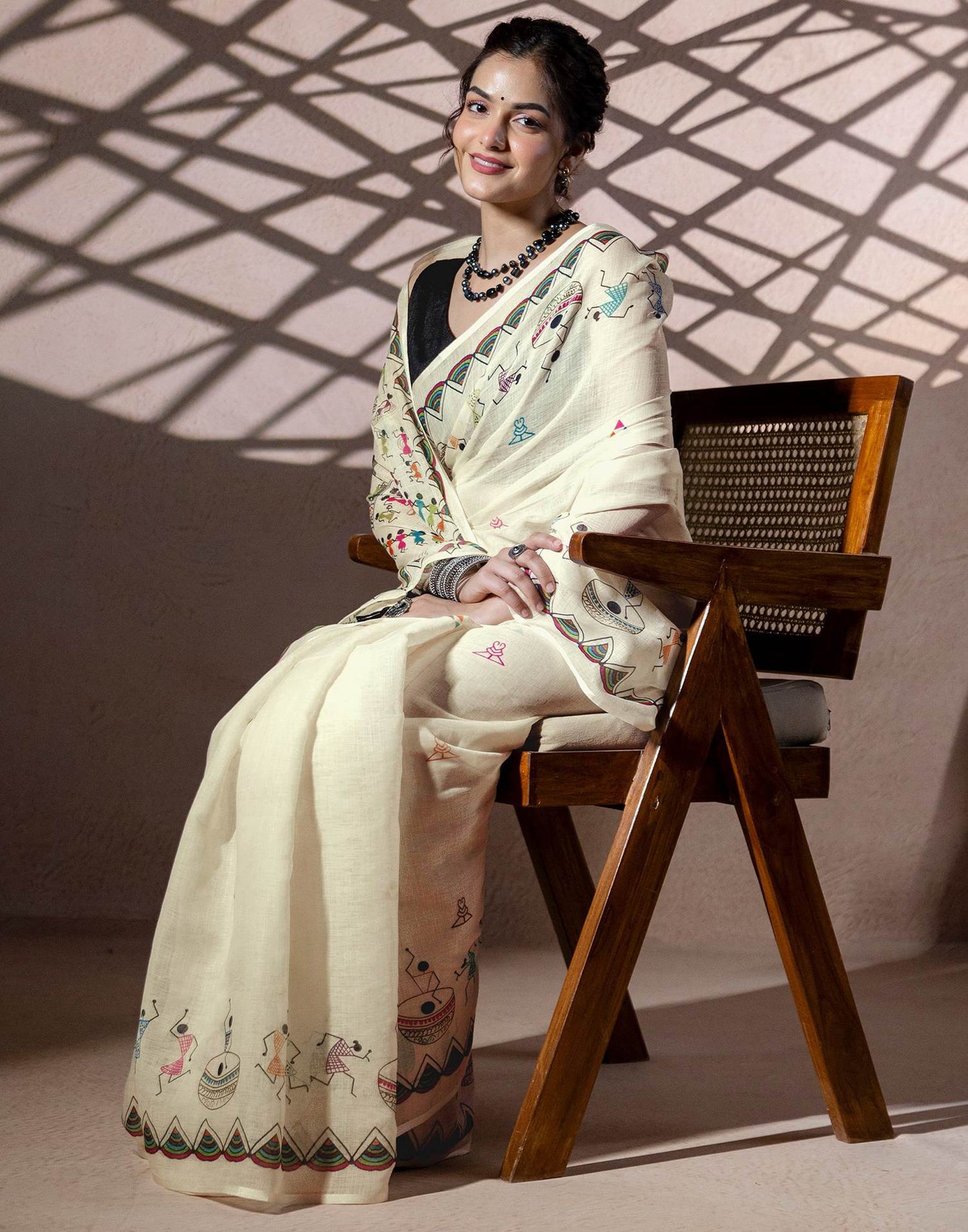 Beige Linen Warli Printed Saree