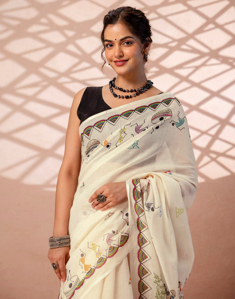 Beige Linen Warli Printed Saree