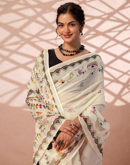Beige Linen Warli Printed Saree