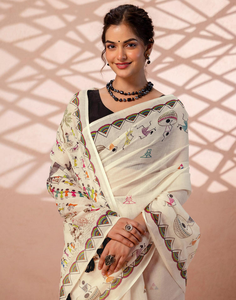 Beige Linen Warli Printed Saree