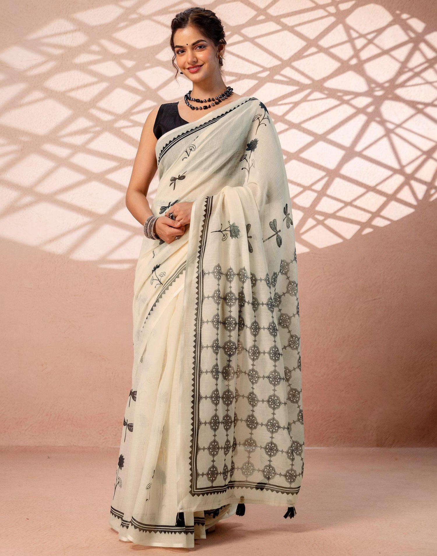Beige Linen Printed Saree