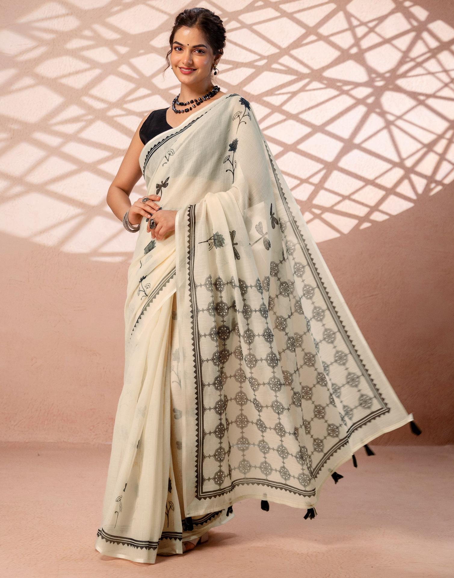 Beige Linen Printed Saree
