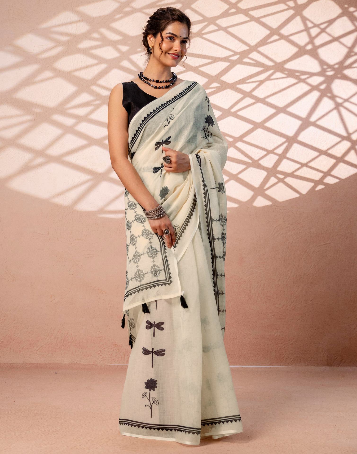 Beige Linen Printed Saree