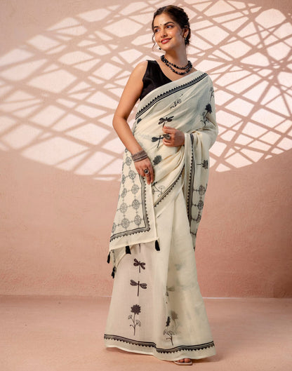 Beige Linen Printed Saree