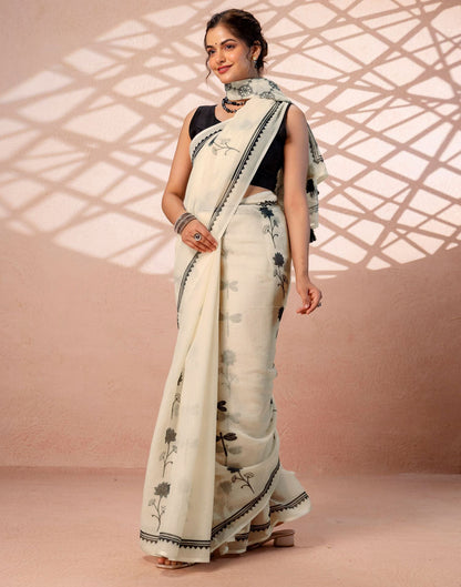 Beige Linen Printed Saree