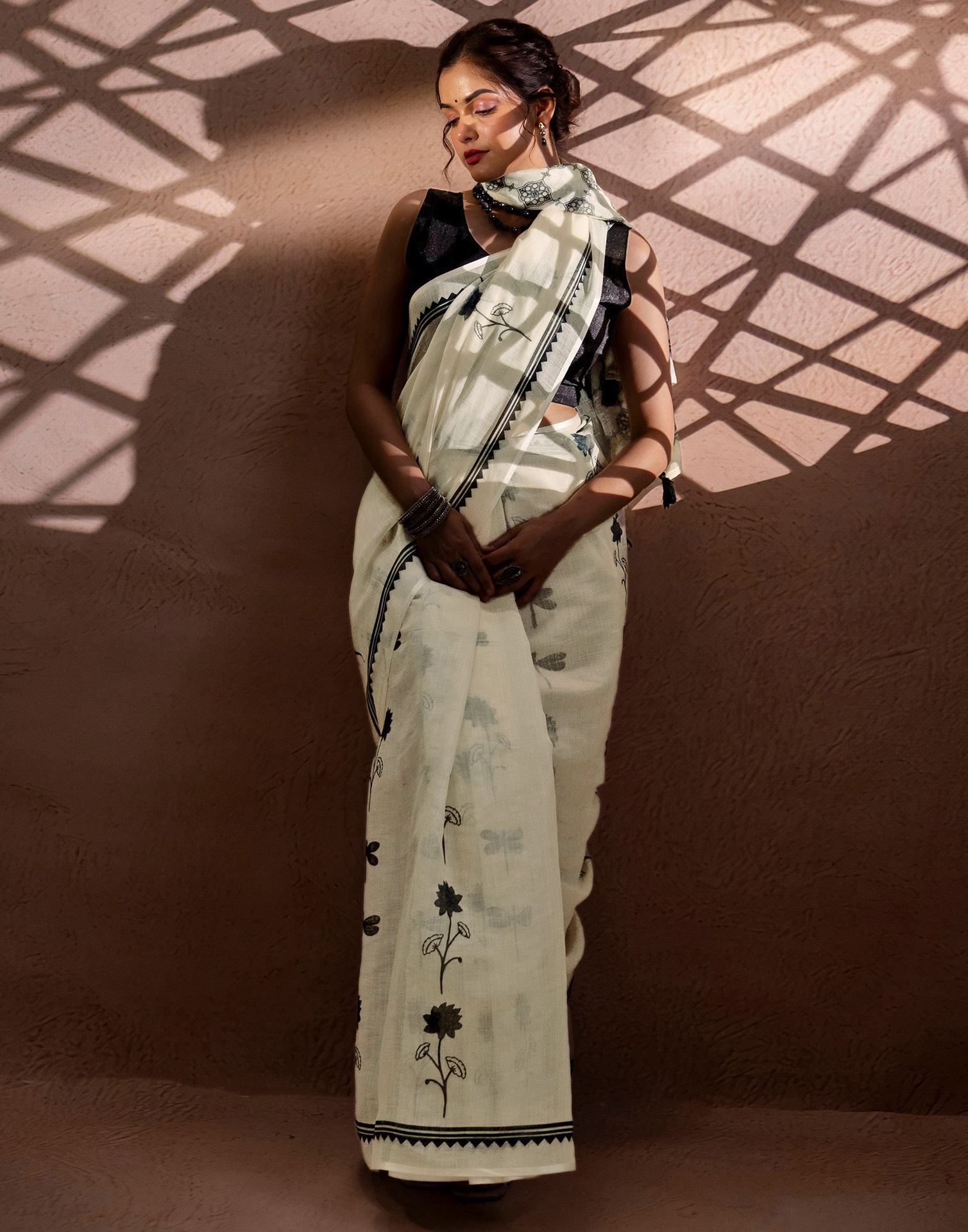 Beige Linen Printed Saree