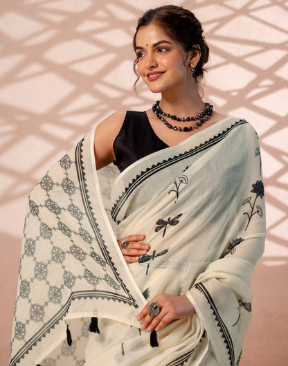 Beige Linen Printed Saree