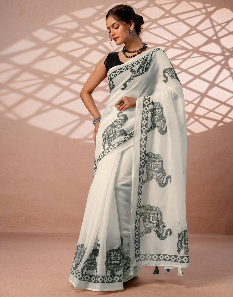 White Linen Printed Saree