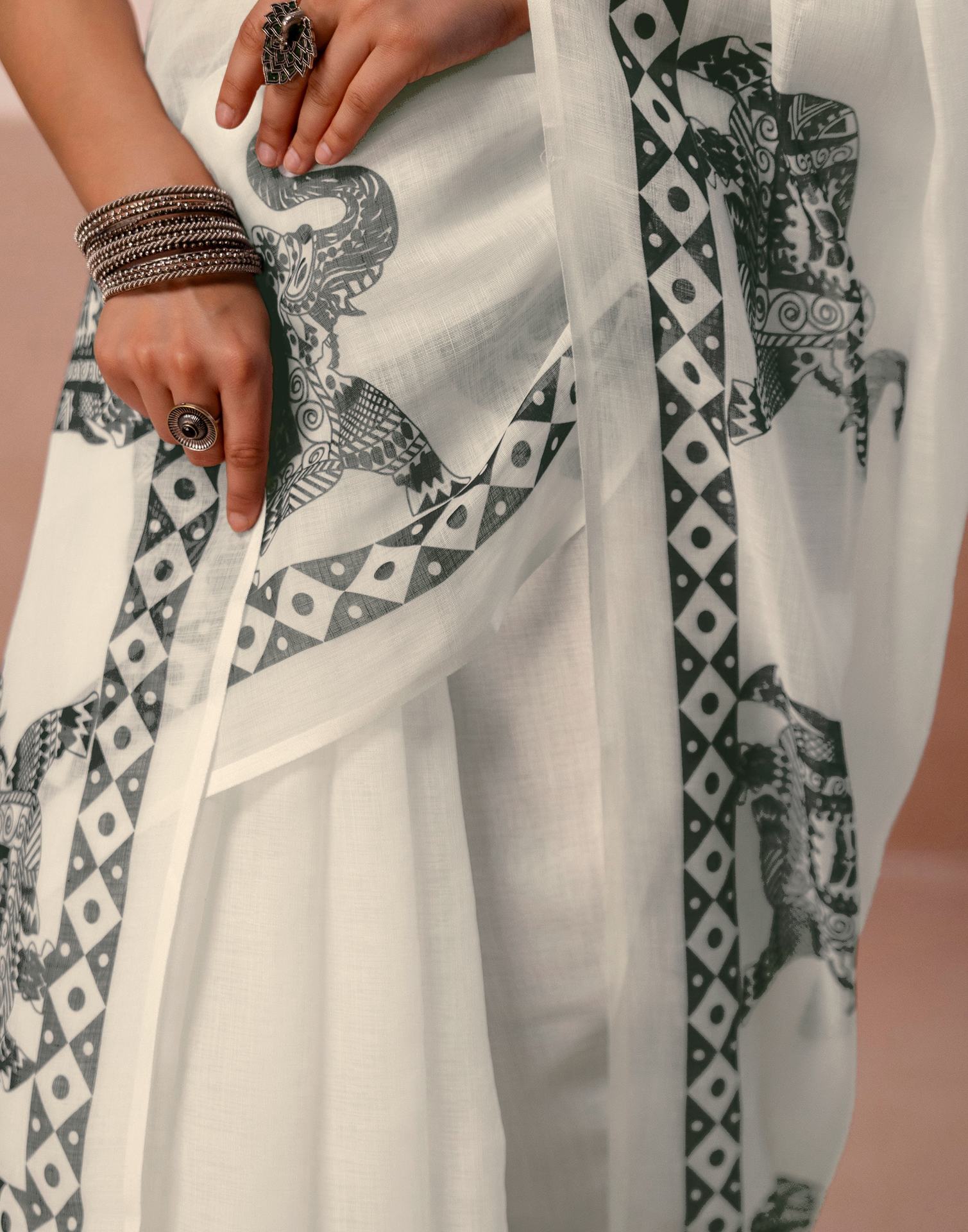 White Linen Printed Saree