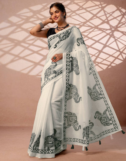 White Linen Printed Saree