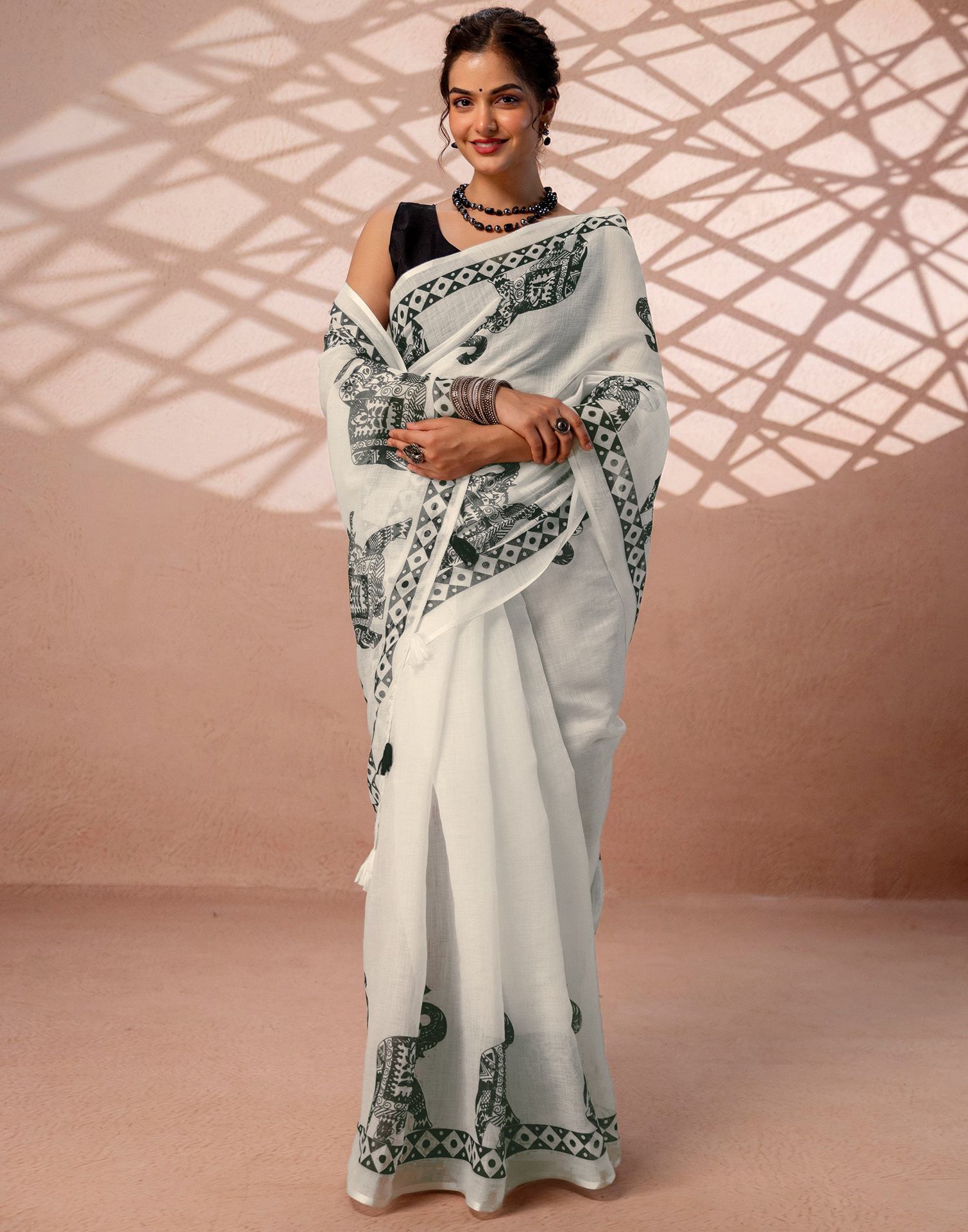 White Linen Printed Saree
