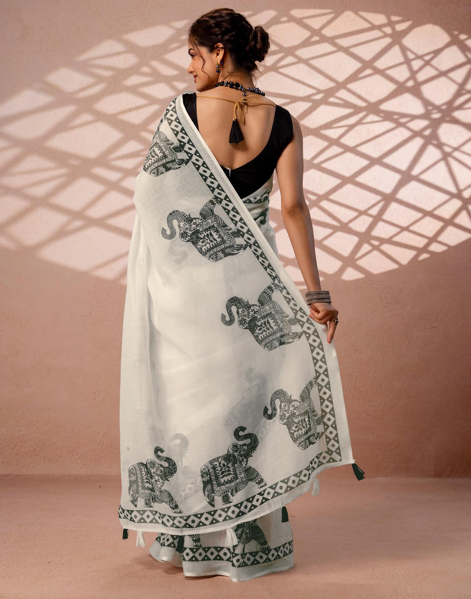 White Linen Printed Saree