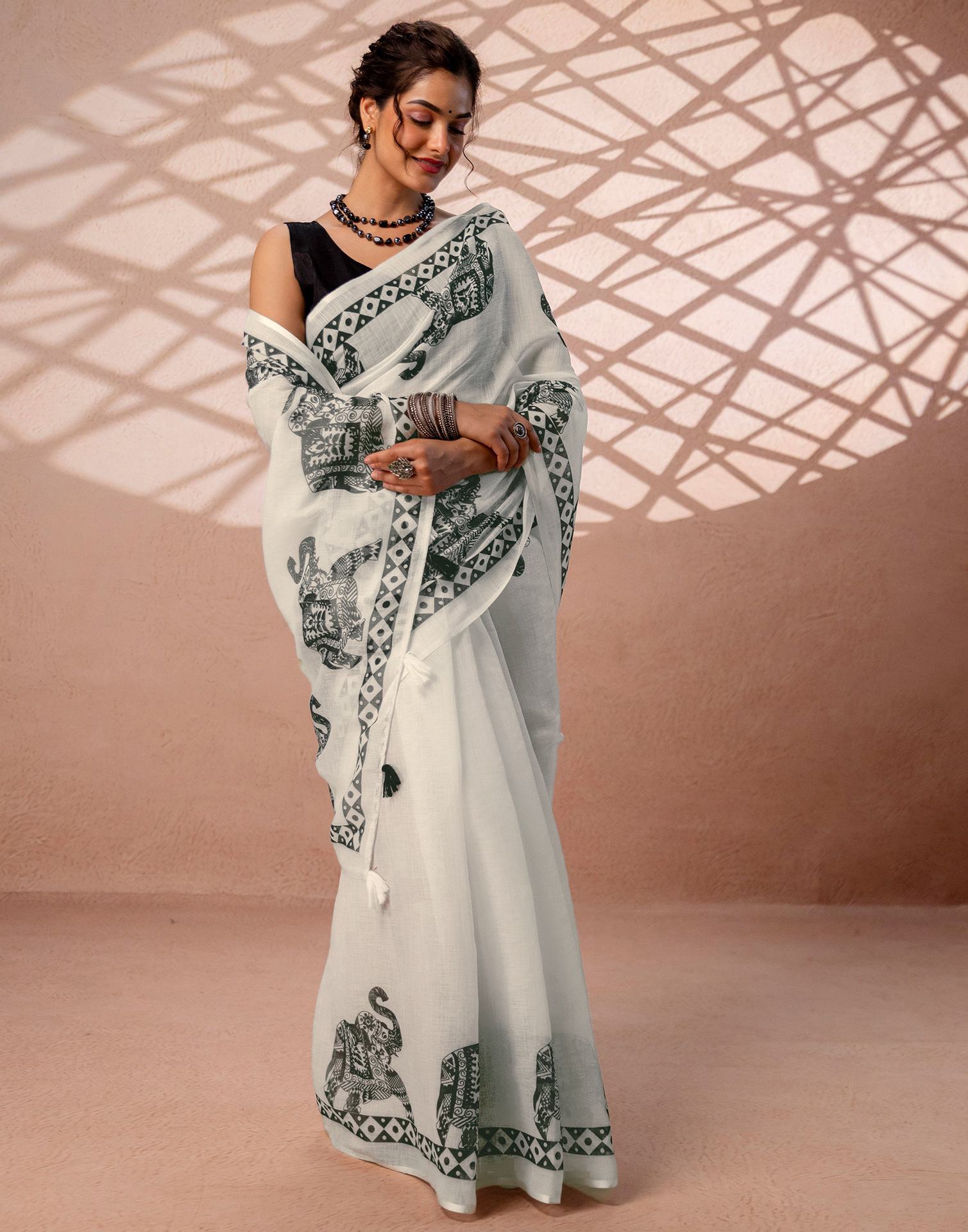 White Linen Printed Saree