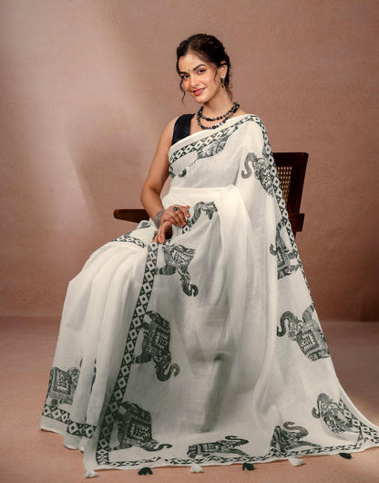 White Linen Printed Saree