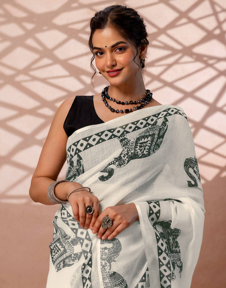 White Linen Printed Saree