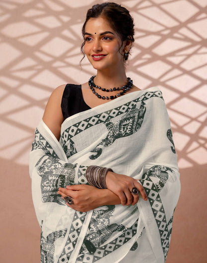 White Linen Printed Saree
