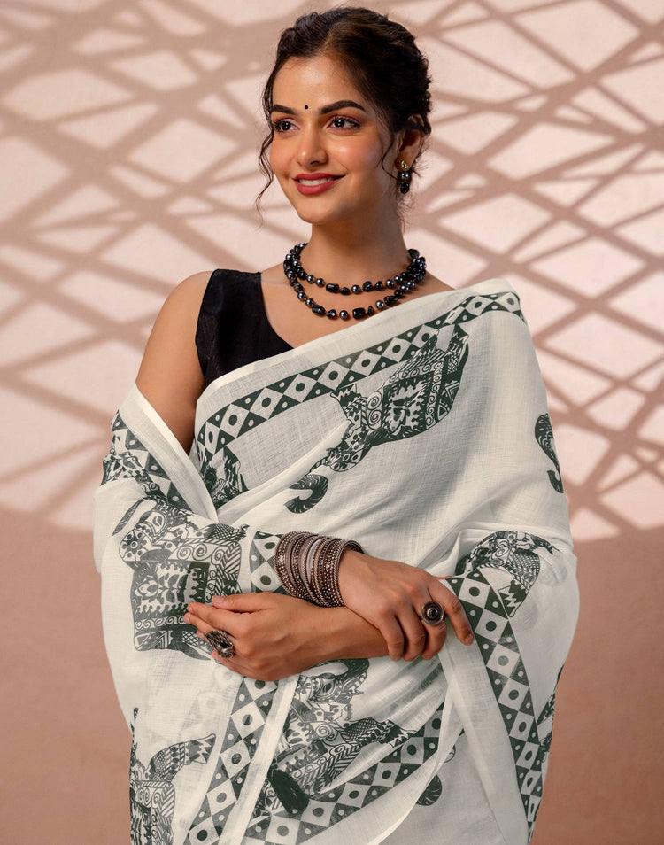 White Linen Printed Saree
