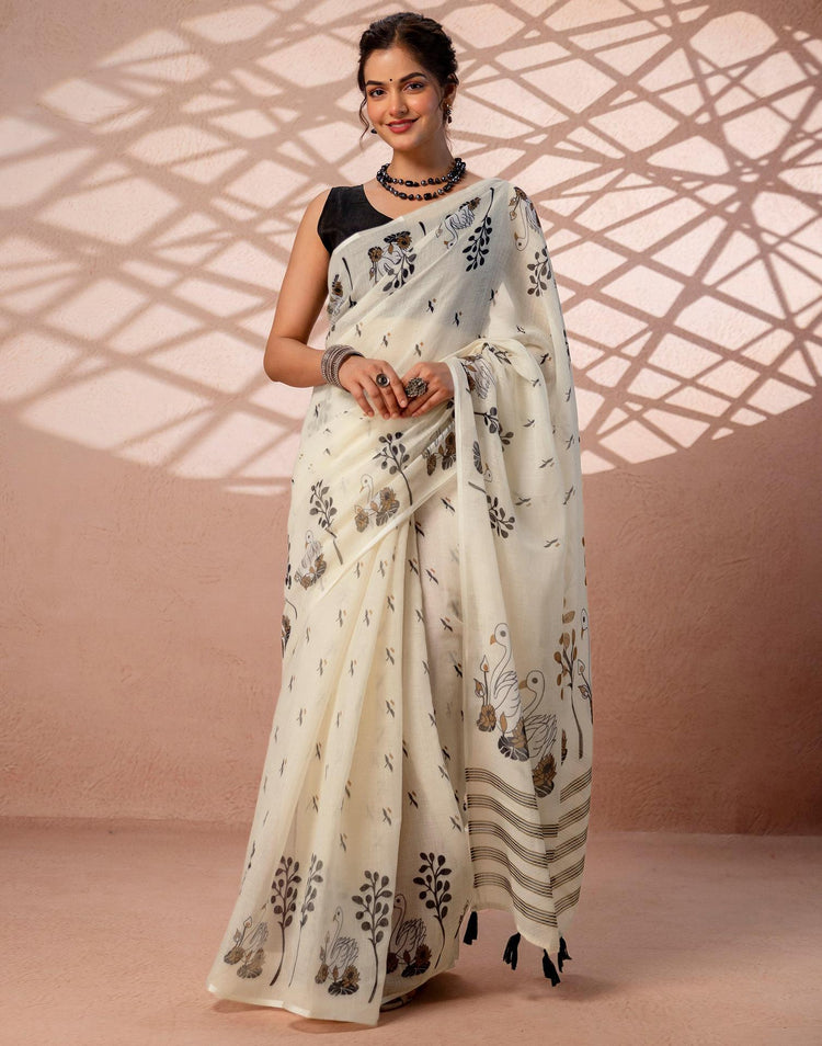 Beige Linen Printed Saree