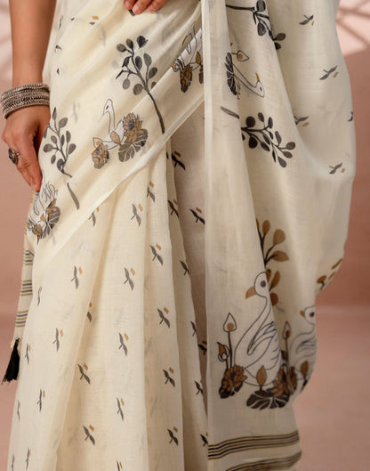 Beige Linen Printed Saree