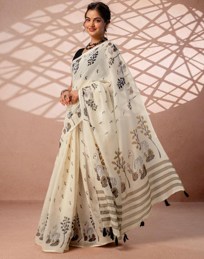 Beige Linen Printed Saree