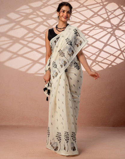 Beige Linen Printed Saree
