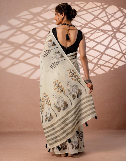 Beige Linen Printed Saree