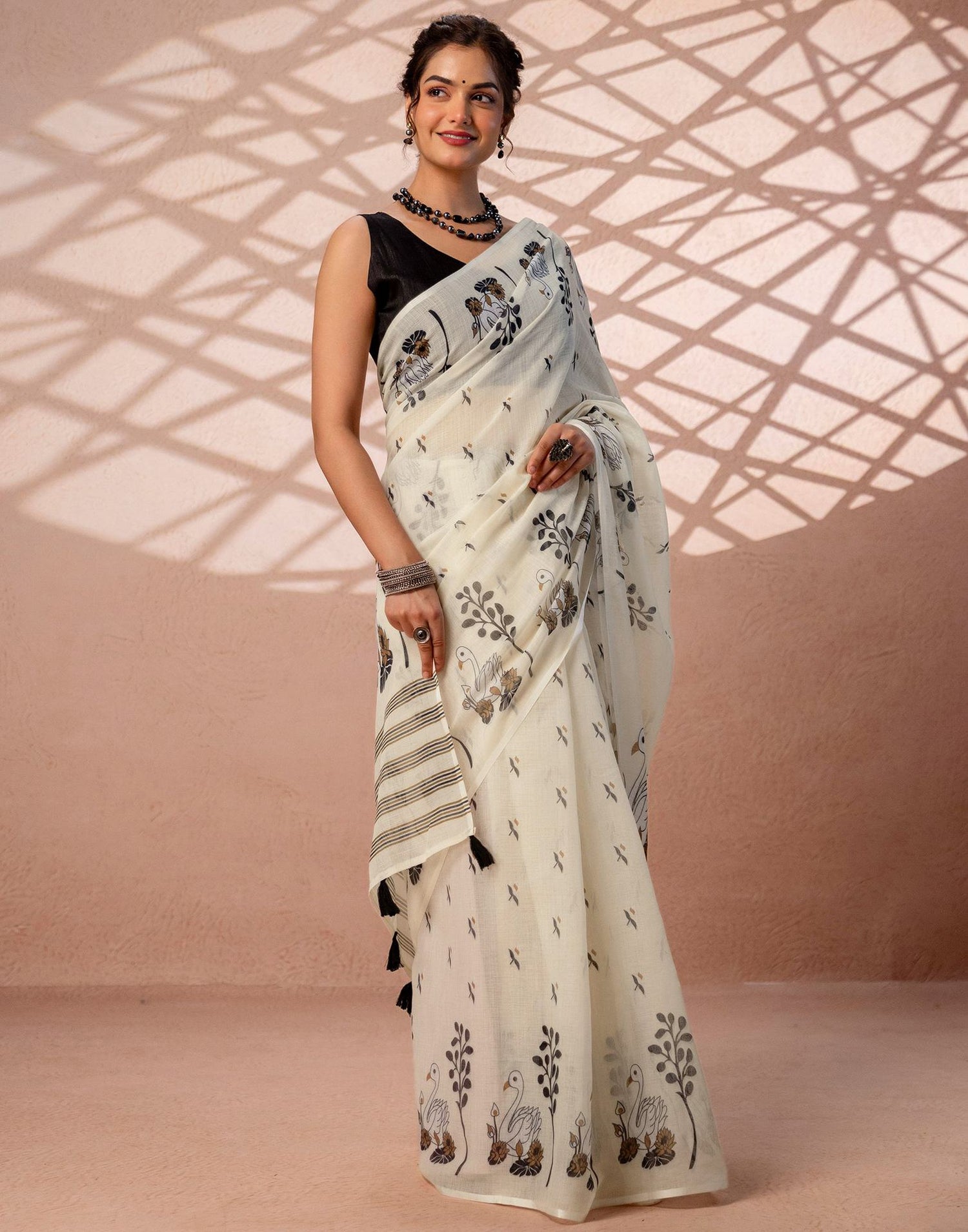 Beige Linen Printed Saree