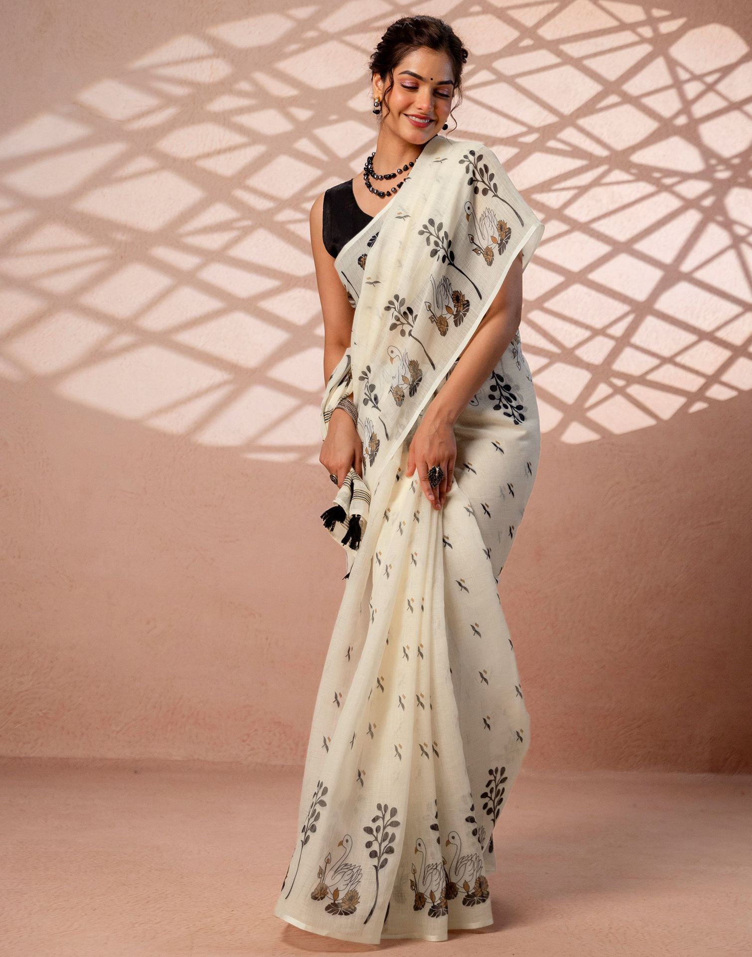 Beige Linen Printed Saree