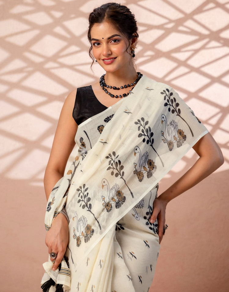 Beige Linen Printed Saree