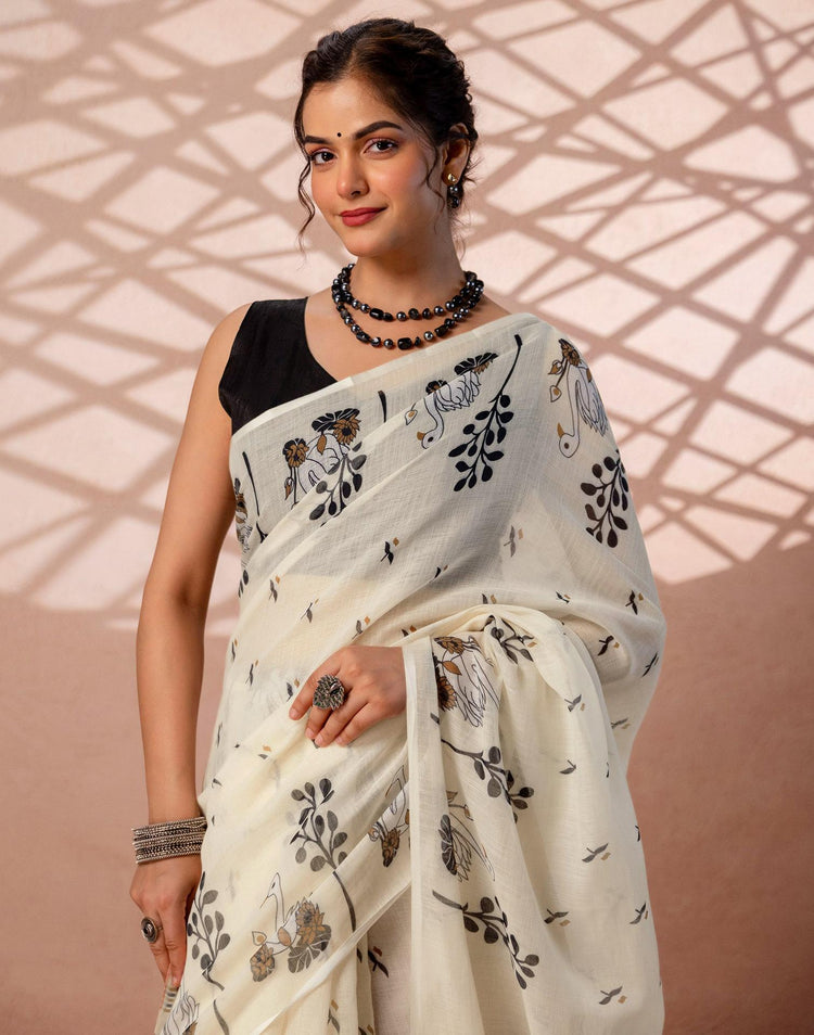 Beige Linen Printed Saree