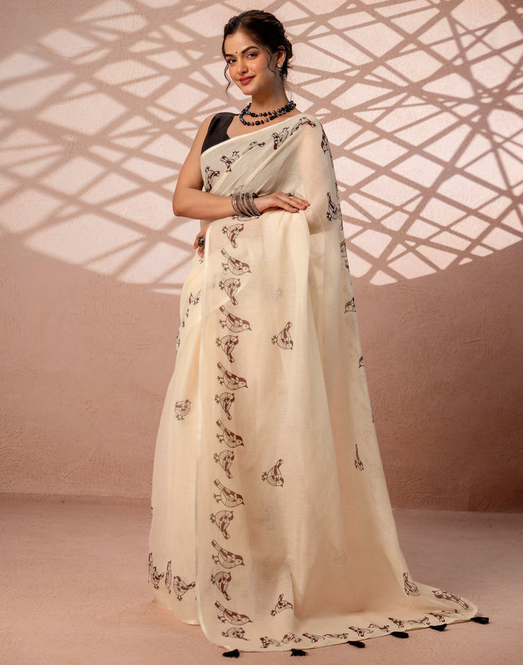 Beige Linen Printed Saree
